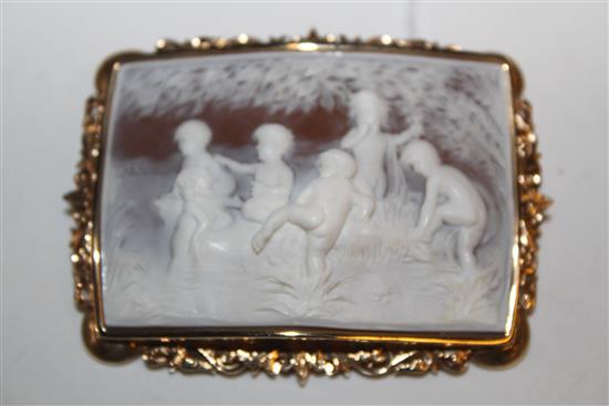 Large rectangular cameo brooch, scrolled & pierced 14ct gold mount, carved with children bathing